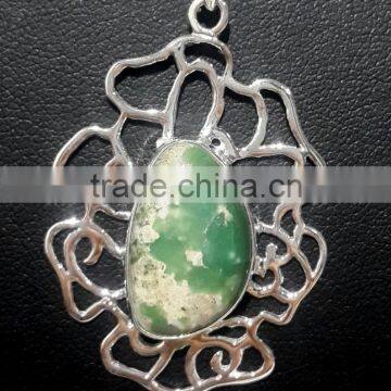 Variscite Uneven Cabochon Pendant , 925 Solid Sterling Silver Pendant, Designer Jaali Silver Pendant