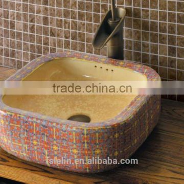 Handpainted ceramic art basin colorful countertop round sink porcelain flower edge bowl vanity top GD-F23