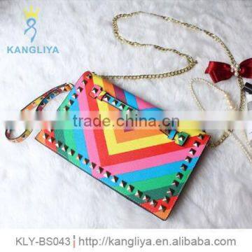 Chic clutch bag with gold square nails, nail shoulder bag with light chain, evening bag party clutch bag