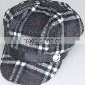 Lady Checked Wool Fleece Fashion Hat with Leather band