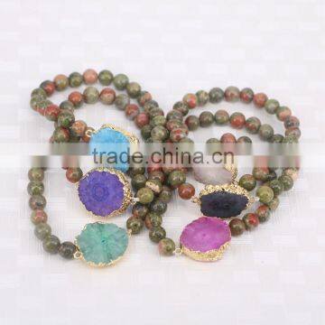 Natural Unakite Stone Beaded Bracelets, Solar Quartz Connector Beads Druzy Gemstone Bracelets photo-2