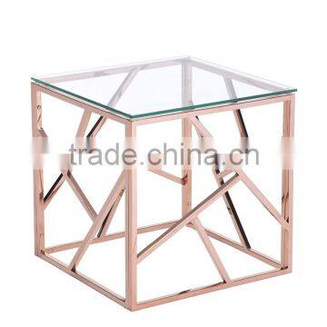 Custom design stainless steel rose gold plating metal square glass coffee table
