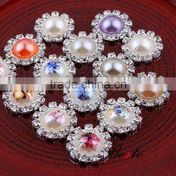 2016 Top Fashion Flower Printed Rhinestone Around Pearl Button photo-3