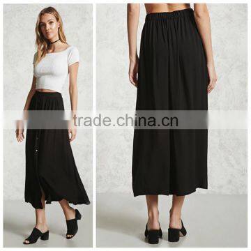 Woman Fashion Plain Color Elastic Back Waist Button Down Long Shirt Skirt