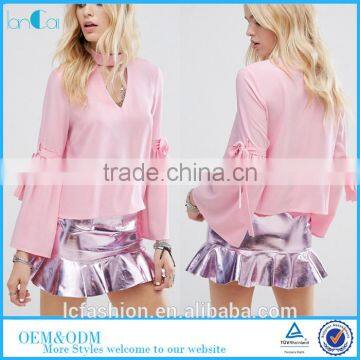 Wholesale Women Tops&Blouses Glamorous Ribbon Tie Long Sleeves Top