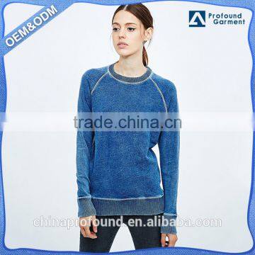 Custom top stitch sweatshirts, cotton acid vintage wash french terry blank wholesale plain crewneck raglan sweatshirt women