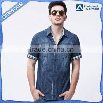 wholesale custom deep blue fashion design short sleeve man denim jean shirt