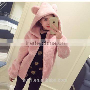 2016 Fashion Lovely Womens Korean Winter Warm Plush Rabbit Ears Hooded Thick Elastic Waist Jacket Ladies Fur Coats