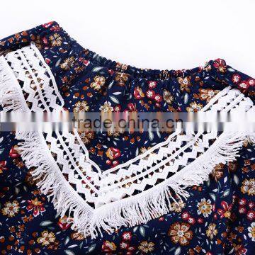 S33589W Baby Girls Floral Printed Tassels Crochet Clothing Romper photo-2