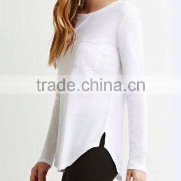 100% Cotton Long Sleeves t Shirt Women Curved-hem Pocket t Shirts Wholesale photo-4