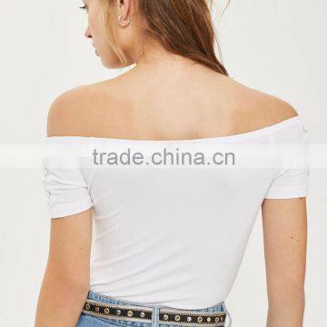 Drawstring Eyelet Ribbed Top Bardot Neckline off Shoulder Bodysuit photo-5