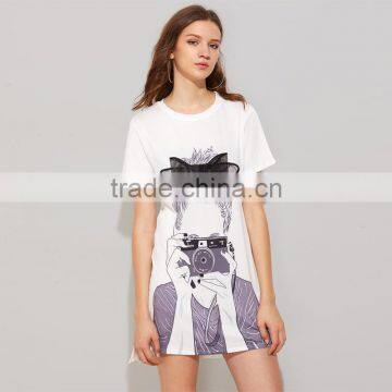 Printed Black Bow Dresses for 15-20 Years Girls Short Sleeve Tee Dress photo-6