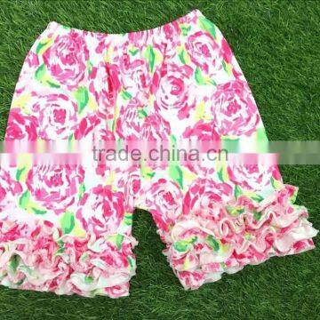 2016 floral rose cotton knitted triple ruffle shorts boutique girls summer clothing wholesale kids shorts