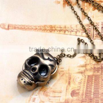 Antique Bronze Skull Heads Pocket Watch Long Chain Sweater Necklace