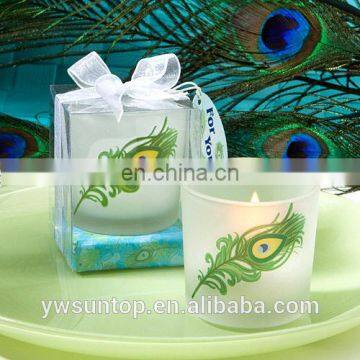 Peacock Feather Printing Glass Candle Hoder For Wedding Party Decoration