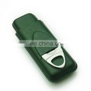 Handmade Portable High Quality 2piece Genuine Leather Custom Cigar Holder Case With Cutter Gift Set photo-3