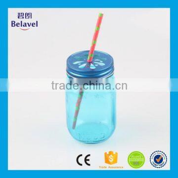 Hot sale 16oz round drinks blue glass mason jars with lid straws