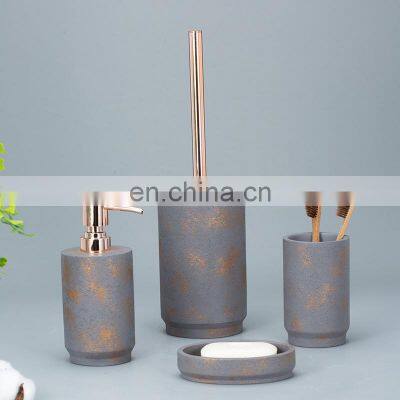 Grey Round Cement Home Decoration Accessories Golden Pattern Concrete Bathroom Sets
