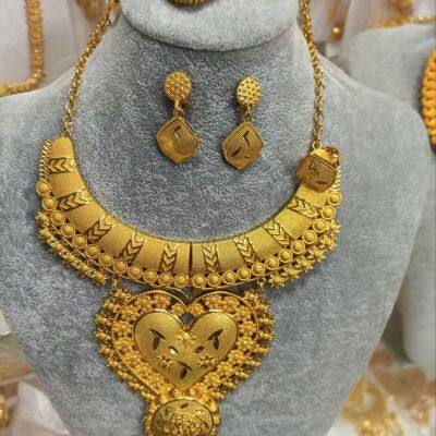 Luxury 18K Gold Plated Nigeria Wedding Jewelry Set for Women, Necklace Earrings Ring Bracelet 4pcs, Wholesale From 12 Sets.