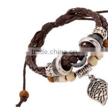 2016 Fashion Personalized Leaf Pendant Leather Bracelets, Vintage Handmade Charm Bracelets photo-3