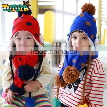 Two Piece Set Winter 2015 Newest Polka Dot Knitted Snowman Applique Pom Poms Boys Girls Baby Scarf and Beanie Hats