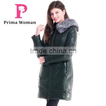 Winter Women Medium Length Slim Fit Leather Coat With Silver Fox Hat Overcoat photo-2