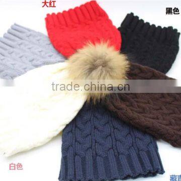 2016 hot selling Real raccoon fur pom poms cable knit hat