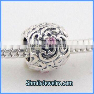 Wholesale Flower Silver Charm Beads With Pink CZ Rhinestone BCZ11