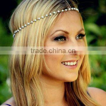 Women Fashion Simple Headband Rhinestone Pearls Head Jewelry Chain Headpiece Hair Band