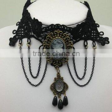 Women Gothic Stone Drop Black Flower Lace Choker Collar Chunky Vintage Necklace