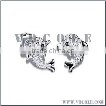 Shining zircons dolphin design animal fish silver earrings