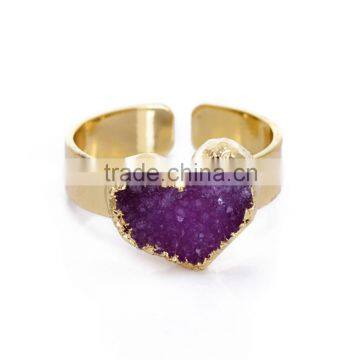 50pcs Heart Natural Raw Stone Ring Copper Encrusted Stone Purple Quartz Ring Jewellery Adjustable Rings 17.2*11.5mm