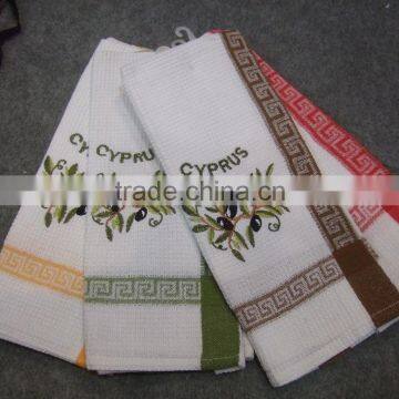 yarn dyed tea/kitchen towel with olive embroidery for tourist souvenir