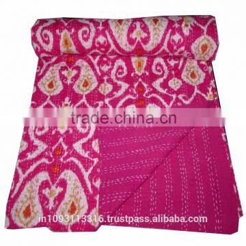 Ikat Kantha Bedspread, Indian Handmade Ikat Blanket Gudri Ralli quilt