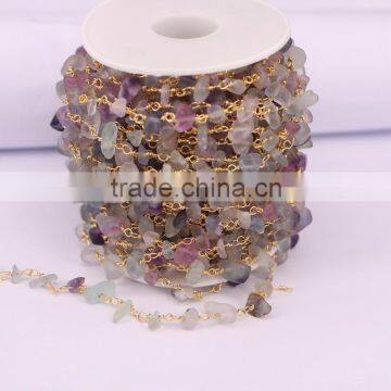 Natural Fluorite Nugget Quartz Chip Bead Rosary Chain, Gold Plated Wire Wrapped Chain