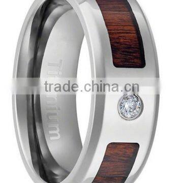 8MM Comfort Fit Titanium Wedding Band Engagement Ring With Dark Wood Inlay Round Cut CZ Center Stone and Beveled Edges photo-3