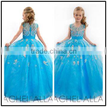 Blue O Neck Puffy Ball Gown Custom Made Vestidos Flower Little Girl for Wedding Party TF017 tulle flower girl dresses