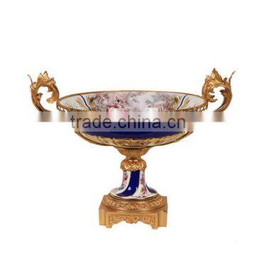 European Design Decorative Porcelain Compote Mouthed With Bronze Curved Leaves Handles, Enamel Ceramic and Brass Fruit Bowl