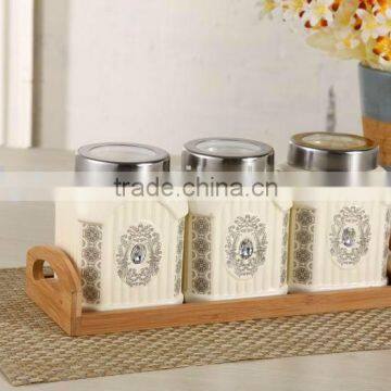 3pcs Ceramic Canister Set With Wooden Stand photo-2