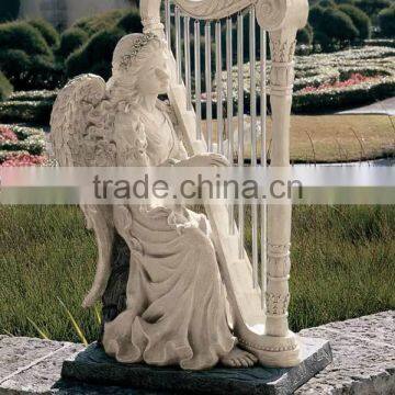 China cheap natural stone marble angel statue with harp