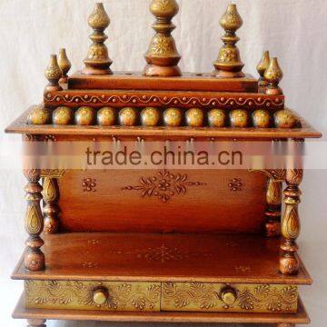 Hand Painted Copper Finish Wooden Temple With 2 Drawers