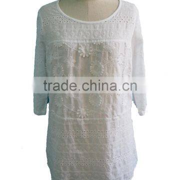 Floral Hand Embroidery Designs Round Collar 3/4 Three- Quarter Sleeve Blouse Tunic D