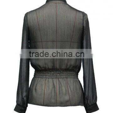Good Quality Women Black Color Fashion Sheer Chiffon Blouse With Ruffle photo-3