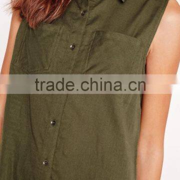 High Quality Elegant Women Khaki Sleeveless Soft Material Shirts photo-4