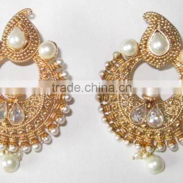 Gold plated DANGLER WHITE PEARL CHAND BALI earrings