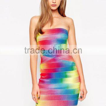 2016 Rayon Elastic Knitted Bandeau Bandage Festival Rainbow Dress Off Shoulder Silm Bodycon Mini Dress photo-4