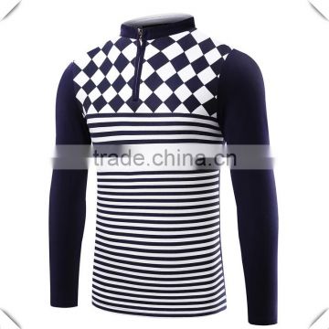 2016 New arrivals popular men check pattern zip polo shirts zipper design stand collar long sleeve striped golf shirts