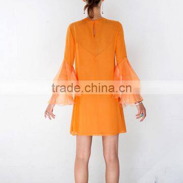 Flare Sleeve Fashionable Shift Dress for Women 2017 Orange Short Dresses photo-3