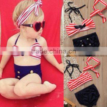 Red stripe 3PCS july 4th girls swimsuit little girls swimwear toddle girls beach clothing set