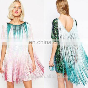 New Fashion Ladies Short Sleeves Sexy Low V-back T-shirt Sequin Embellished Fringe Party Dress